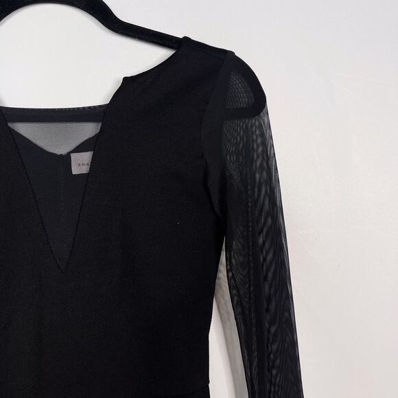 Amanda Uprichard Size P Black Mesh Peplum Long Sleeve Top Deep V Cut Out Stretch - Picture 6 of 14